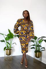 Tolu Ankara Print Bell Sleeve Midi dress with belts and pocket- Blue/ Black Multi