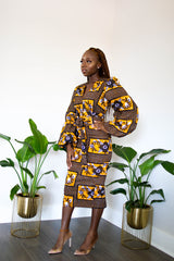 Tolu Ankara Print Bell Sleeve Midi dress with belts and pocket- Blue/ Black Multi